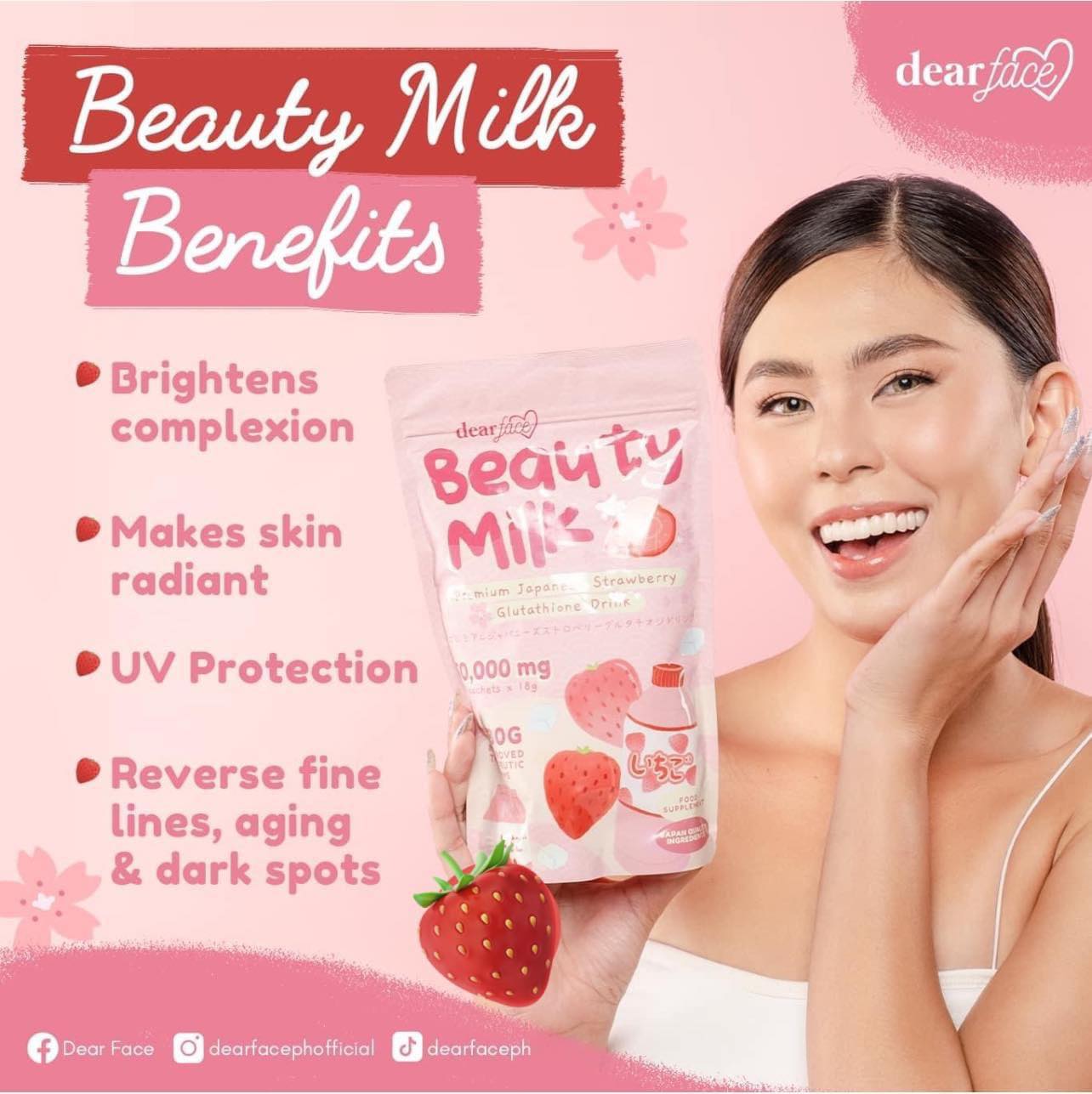 Dear Face - Beauty Milk Premium Japanese  Strawberry Glutathione Drink - 10sachet